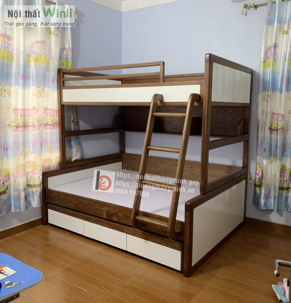giường 3 tầng thông minh gỗ tự nhiên